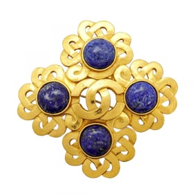 Chanel Coco Mark Flower Motif Brooch with GP Plated Color Stones in Gold and Blue for Women