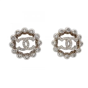 Chanel Coco Mark Circle Metal Rhinestone Silver Earrings for Women