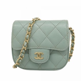 Chanel Matelasse Shoulder Bag with Chain, Caviar Leather, Blue-Green, Champagne, Women's, P1324085
