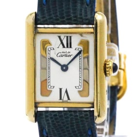 CARTIER Tank Vermeil Gold Plated Leater Quartz Mens Watch 590005