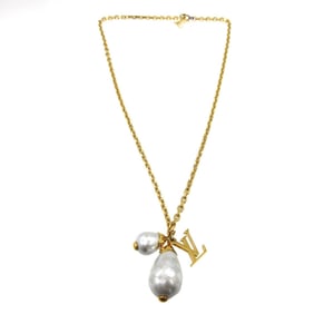 Louis Vuitton Damier Pearl Pendant M66322 Metal Gold and White Necklace 0146 LOUIS VUITTON