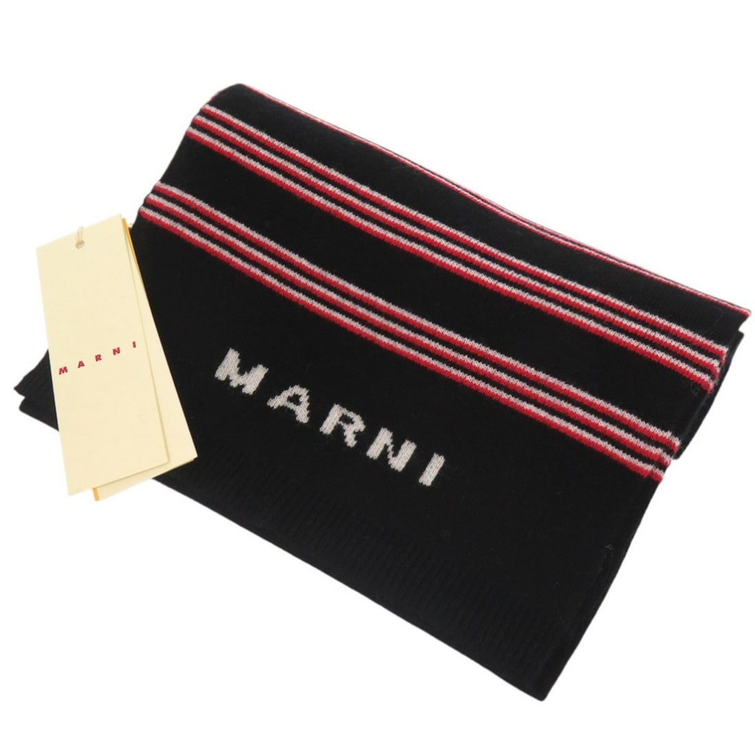 Like new Marni logo striped knit stole with ribbed ends, M01284 M00SZ OM345, black, 1802 MARNI: --- Catalog ---Category: SizeSize (LxW): 1.78m x 25.5cm / 70.07'' x 10.03''Category: DesignType: StoleColor: BlackGender: Girls,BoysMaterial: Nylon , Wool Category: GeneralMPN: M01284 M00SZ OM345Brand