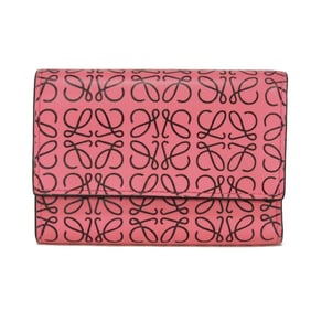 LOEWE Small Vertical Trifold Wallet in Black Calfskin with Repeat Anagram and Pink Pattern
