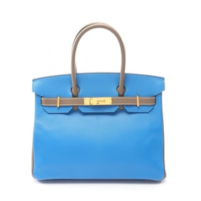 Hermes Hermès Birkin 30 Bleu Hydra Etoupe Handbag Bag Chevre Women's Blue/Brown