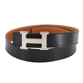 Hermes Hermès Constance H Belt, reversible, box calf leather, Togo black and gold, size 75, with