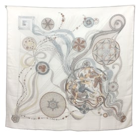 HERMES Shawl Carré 140 Scarf Silk Muslin "La Danse du Cosmos" White 100%