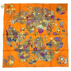 HERMES Scarf/Muffler Carré 90 PLANIFLEURS H003965S 08 2023 Orange HG/ORANGE/VERT/FUCHSI 100% Silk