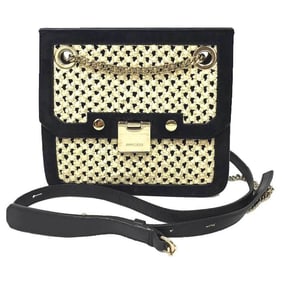 JIMMY CHOO Shoulder Bag in Leather and Straw, Black Beige, Women's