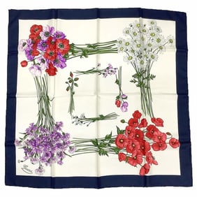 GUCCI Flora Print Scarf, Muffler, Stole, Shawl, Large, 100% Silk, Floral, White and Navy