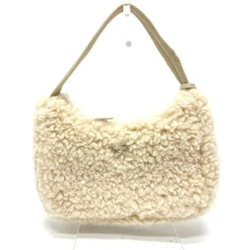 PRADA 1NE515 Triangle Logo Plaque Fur Bag Shoulder Handbag Sheepskin Women's Beige