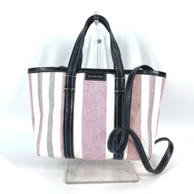 BALENCIAGA 671404 Striped BARBES SMALL 2-Way Shoulder Bag, Tote Handbag, Leather/Raffia, Women's,