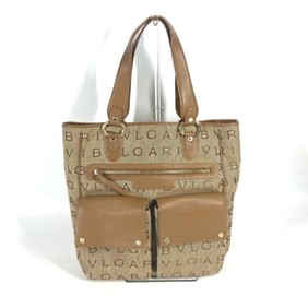 BVLGARI 801904 Maxi Logo Logomania Shoulder Bag Tote Leather/Canvas Women's Beige