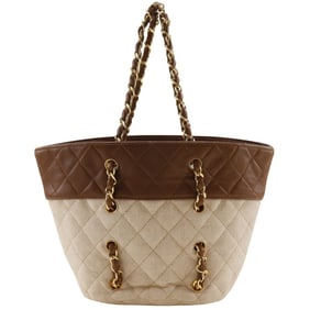 CHANEL Chain Bag, Matelasse Canvas and Leather Handbag, Brown, Women's