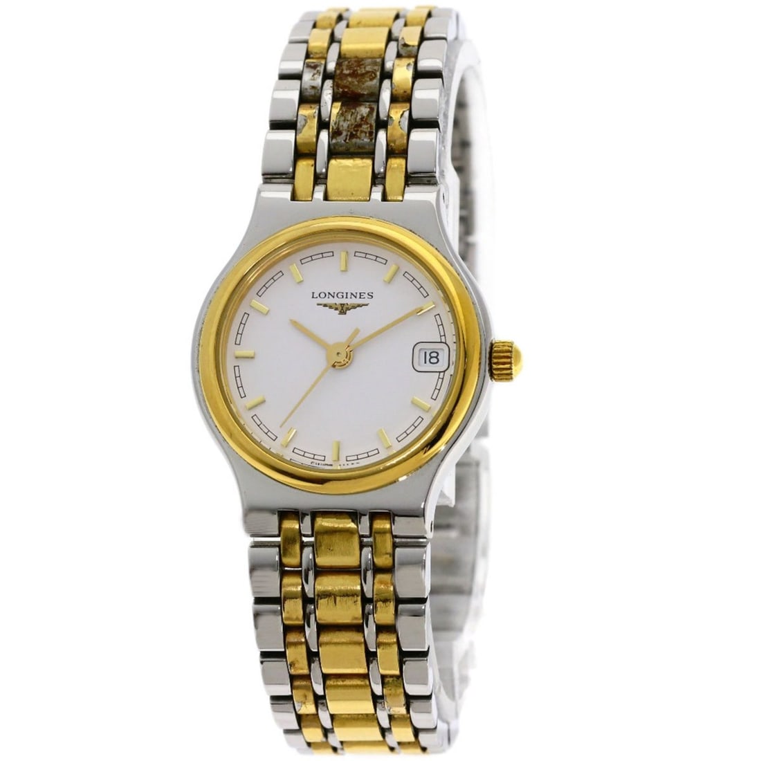 Longines Flagship Watch, Stainless Steel/SSxGP, Women's: --- Catalog ---Category: SizeWrist Size: 14cm / 5.51''Case Diameter: 24mm / 0.94''Case Thickness: 5.6mm / 0.22''Category: DesignType: WristwatchGender: WomenColor (Dial): WhiteMaterial (Band): Gold pl