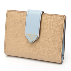 PRADA Saffiano Tab Folding Wallet Triangle 1MV204 Leather Beige Light Blue S-158824