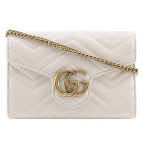 Gucci GG Marmont Chain Wallet/Clutch, White Calfskin, Snap Buttons, 474575, Women's