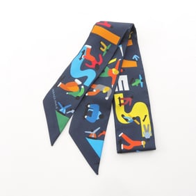 Hermes Hermès Twilly Figures Libres Silk Scarf for Women, Navy/Multicolor