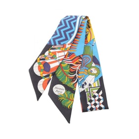 Hermes Hermès Twilly "De l'Ombrelle aux Duels Vieux" Silk Scarf for Women, Blue/Black/Multicolor