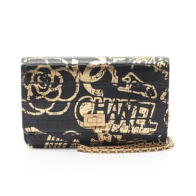CHANEL 2.55 Shoulder Bag, Leather, Women's, Black and Gold