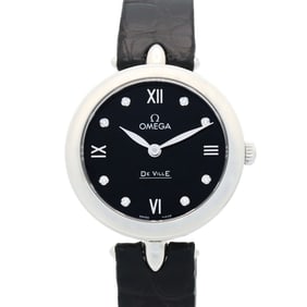OMEGA De Ville Prestige Watch, Diamond, Stainless Steel, Leather, Women's, Black,