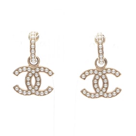 CHANEL Coco Mark Earrings, Gold Plated with Faux Pearls, Women's, and White