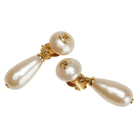 Vintage Chanel Coco Mark Teardrop Motif Swing Earrings, Gold Plated with Faux Pearls, Women's