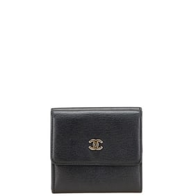 CHANEL Coco Mark Tri-fold Wallet Compact Flap Black Leather Women's