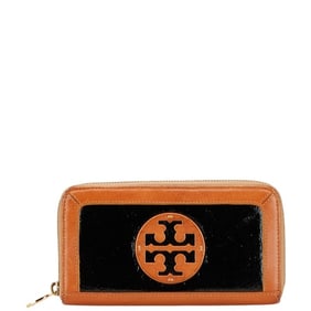 Tory Burch L-shaped zipper long wallet in brown, black, patent leather, for women.