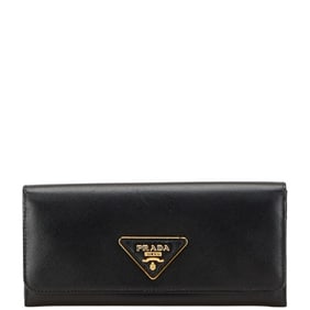Prada Triangle Logo Plate Long Wallet Black Leather Women's PRADA