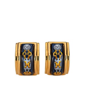 Hermes Enamel PM Chain Cloisonne Earrings, Gold and Blue Plated, Women's