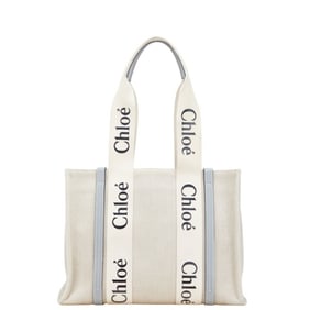 Chloé Chloe Woody Medium Tote Bag Shoulder Beige Blue Canvas Leather Women's