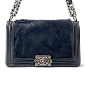 CHANEL BOY Chain Shoulder Bag with Coco Mark, Caviar Skin, Black