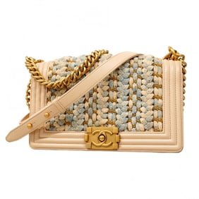 Chanel Shoulder Bag Boy Chain Leather Tweed Beige Blue Women's