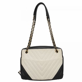 Chanel Shoulder Bag, V-Stitch Chain Lambskin, White, Black, Women's