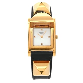 Hermès Medor Women's Pyramid Gold Stud Watch in White and Black Leather with Quartz Movement