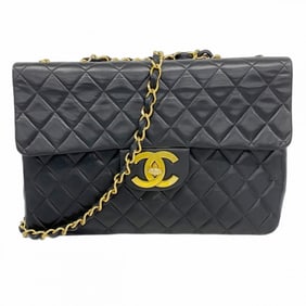 Chanel Shoulder Bag, Large Matelasse, Double Chain, Lambskin, Black, Women's