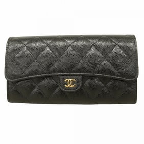 Chanel Matelasse Long Wallet in Caviar Leather, Black and Champagne, Women's