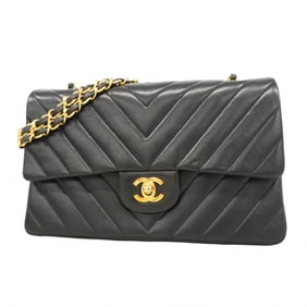 Chanel Shoulder Bag, V-Stitch, Double Flap, Chain, Lambskin, Black, Women's