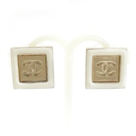 CHANEL Coco Mark Metal Enamel Earrings in Gold and White for Women (w1212a)
