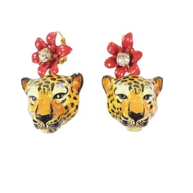 DOLCE & GABBANA Flower Leopard Head Earrings with Jeweled Earrings, Yellow, Women's