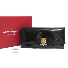 Salvatore Ferragamo Vara Ribbon Patent Long Wallet, Tri-fold Black, Silver Hardware, Women's