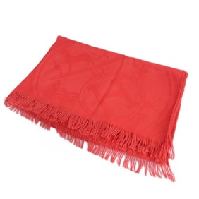 HERMES Ex Libris Large Fringe Stole/Scarf Shawl Red Women's