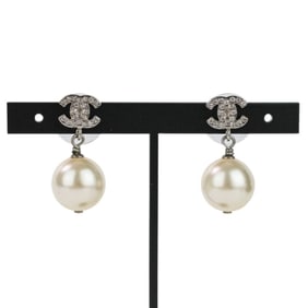 CHANEL B16V Rhinestone Coco Mark Faux Pearl Earrings, Silver, Women's
