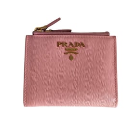 PRADA Prada Leather Vitello Move Metal Logo Double Zipper Compact Wallet Pink Women's