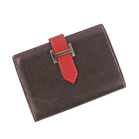 HERMES Bearn Mini Business Card Case/Card Case Compact Wallet in Epsom Leather, Brown and Red, with