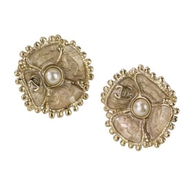 CHANEL F23K Faux Pearl Camellia Coco Mark Earrings, Champagne Gold, Women's