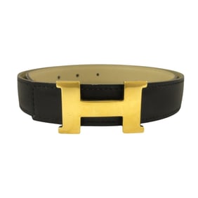 HERMES 90s Constance Reversible Leather Belt (B Stamp, Made in 1998) Black, Light Beige, and Gold.