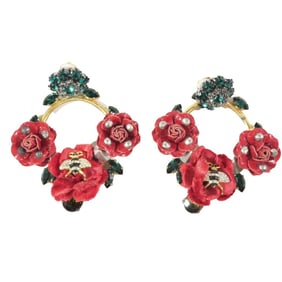 DOLCE & GABBANA Rose Crystal and Insect Earrings, Gold, Red, Green, Women's