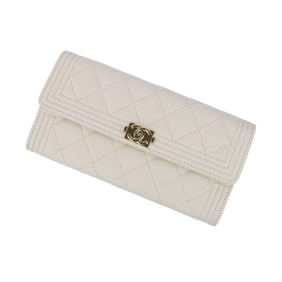 CHANEL Boy Chanel Matelasse Caviar Leather Long Wallet A80286 White Women's