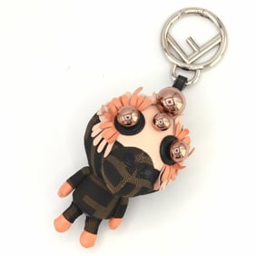 Fendi Zucca Space Monkey Bag Charm 7AR674 Khaki Pink Canvas Leather Keychain Key Ring Women's FENDI